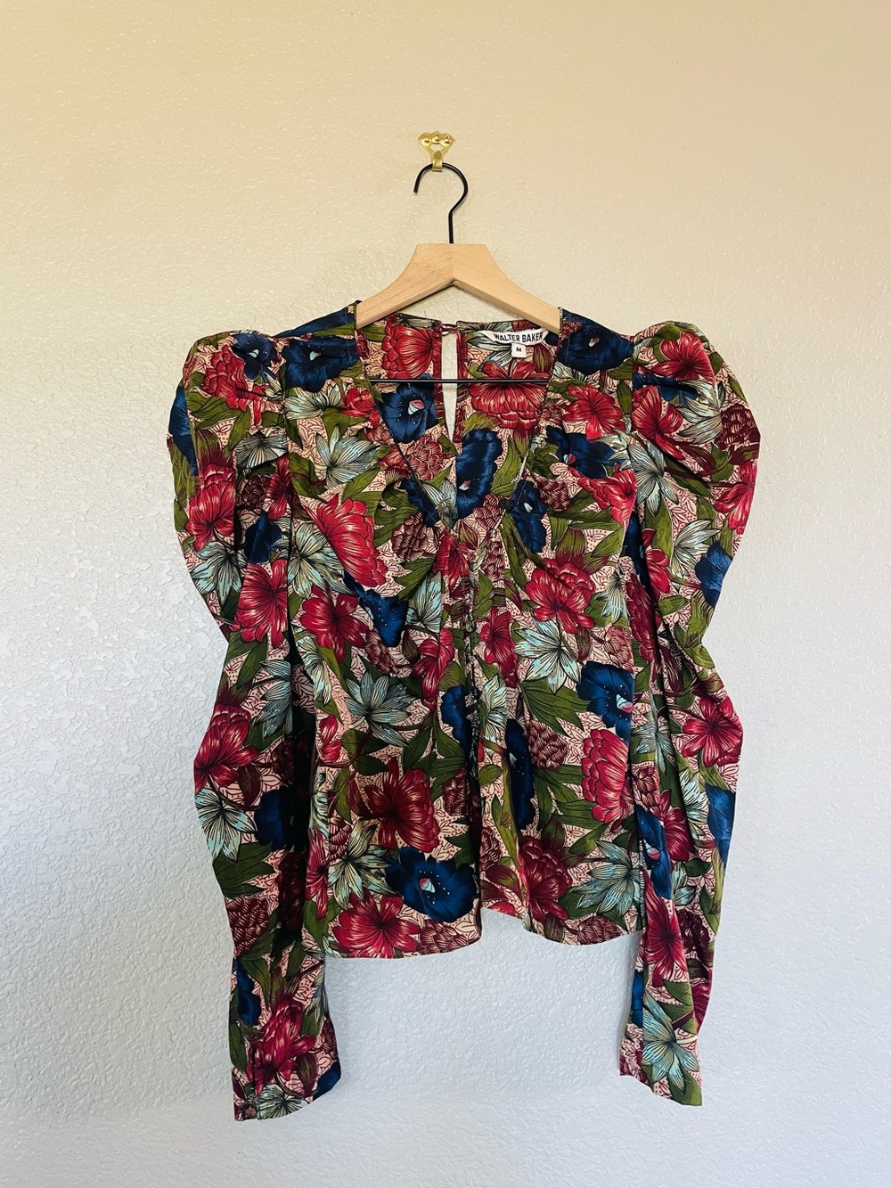 Walter Baker Red, Blue and Green Floral Puff-Sleeve Blouse